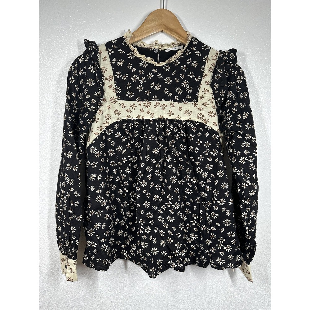 In Loom Blouse Womens Small Black‎ Floral Cottagecore Long Sleeve Ruffle Top